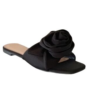 Bamboo Buzzing Rosette Flat Slip On Slide Sandals in Black Faux Suede